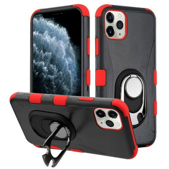 Apple iPhone 11 PRO Phone Case Hybrid Armor with 360° Rotation Metal Ring Holder Kickstand & Beer Bottle Opener Fits Magnetic Car Mount Shockproof Protective Cover BLACK RED for Apple iPhone 11 Pro