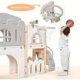 thumbnail image 4 of 8 in 1 Toddler Slide Indoor Playground, Indoor Slide Toddler Playset for Toddlers 1-3, Kids Outdoor Playground with Slide, Basketball Hoop, Climber, Crawling Tunnel, Telescope, Pink & Grey, 4 of 9