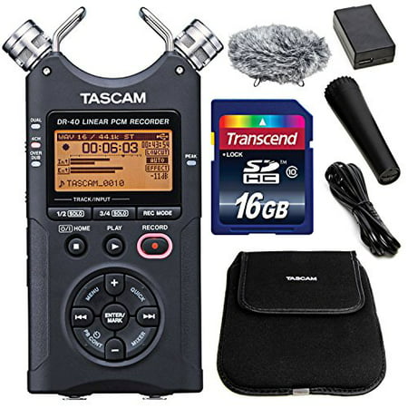 Tascam DR-40 4-Track Handheld Digital Audio Recorder (Black) with Tascam Handheld DR-Series Recording Accessory Package + 16 GB SDHC + Fibertique Cleaning