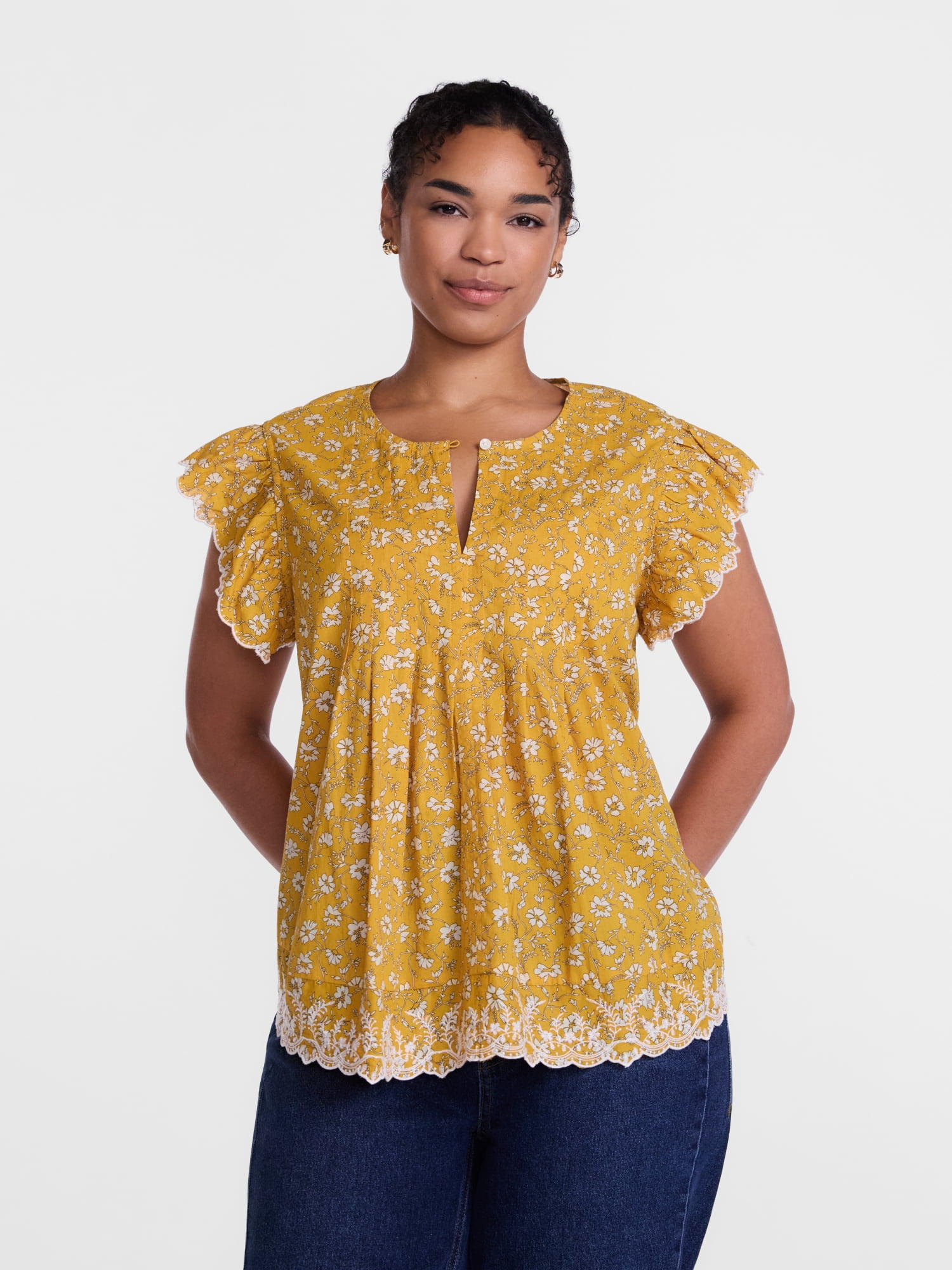 Scenario Women's and Women's Plus Short Sleeve Pleated Embroidered Printed Top, Sizes XS-4X