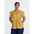 thumbnail image 2 of Scenario Women's and Women's Plus Short Sleeve Pleated Embroidered Printed Top, Sizes XS-4X, 2 of 6