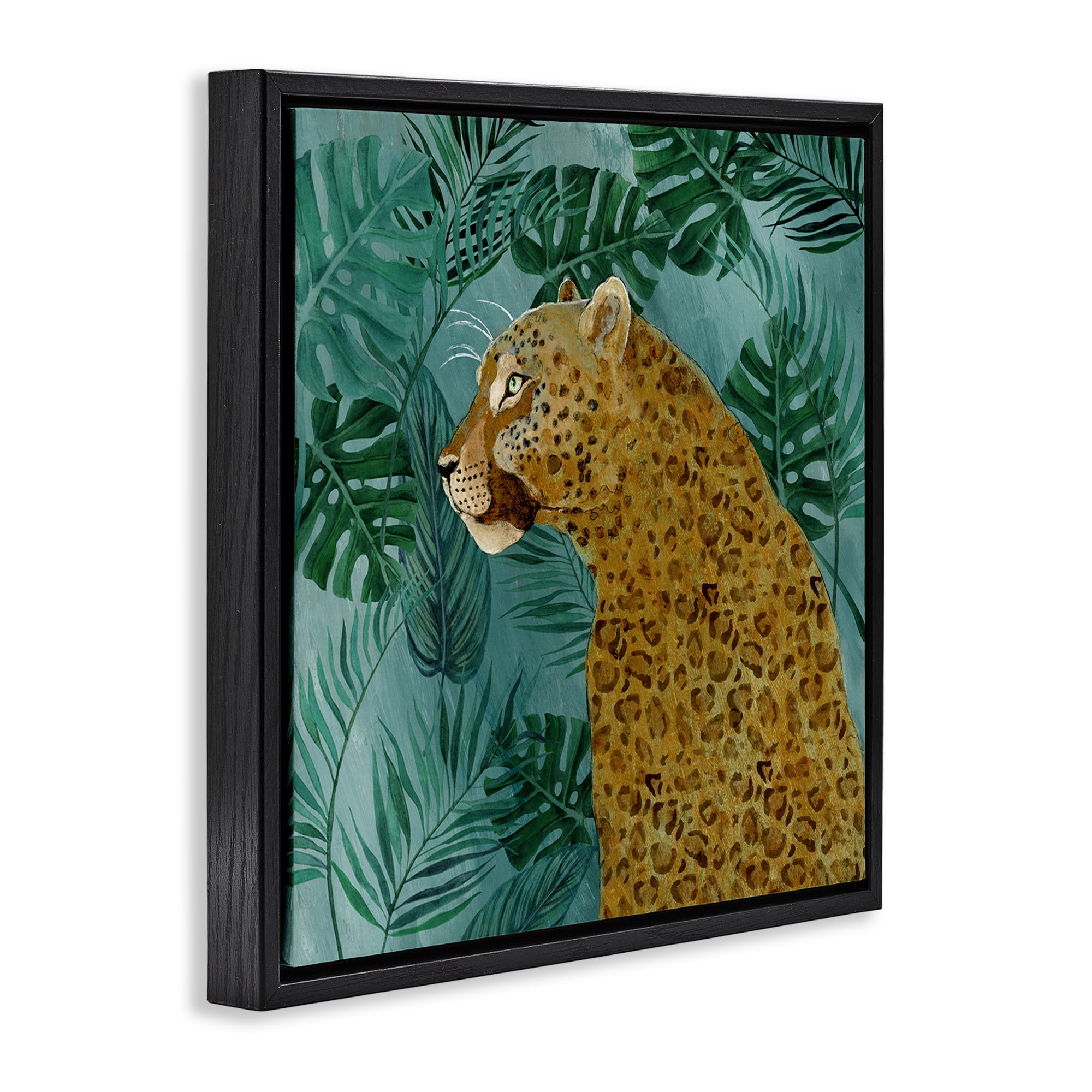Stupell Industries Monstera & Palms Cheetah Animals Painting Black Floater Framed Canvas Art Print Wall Art, 25 x 25