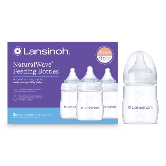 Lansinoh Anti-Colic Baby Bottles, BPA-Free Plastic, 5oz, 3pk, Slow Flow Nipples (Size S), Breastfeeding Bottle, NaturalWave Design, Baby Essentials