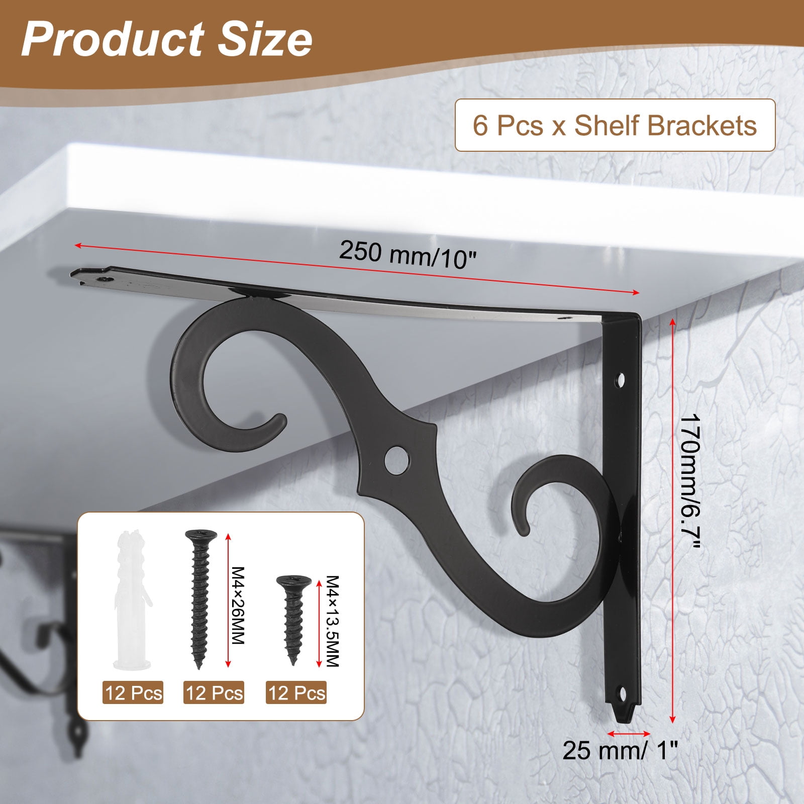 Uxcell 6 Pcs Decorative Shelf Brackets, 10" x 7" Heavy Duty Floating Shelf Brackets for Wall Bookshelves Shelves Support, Black