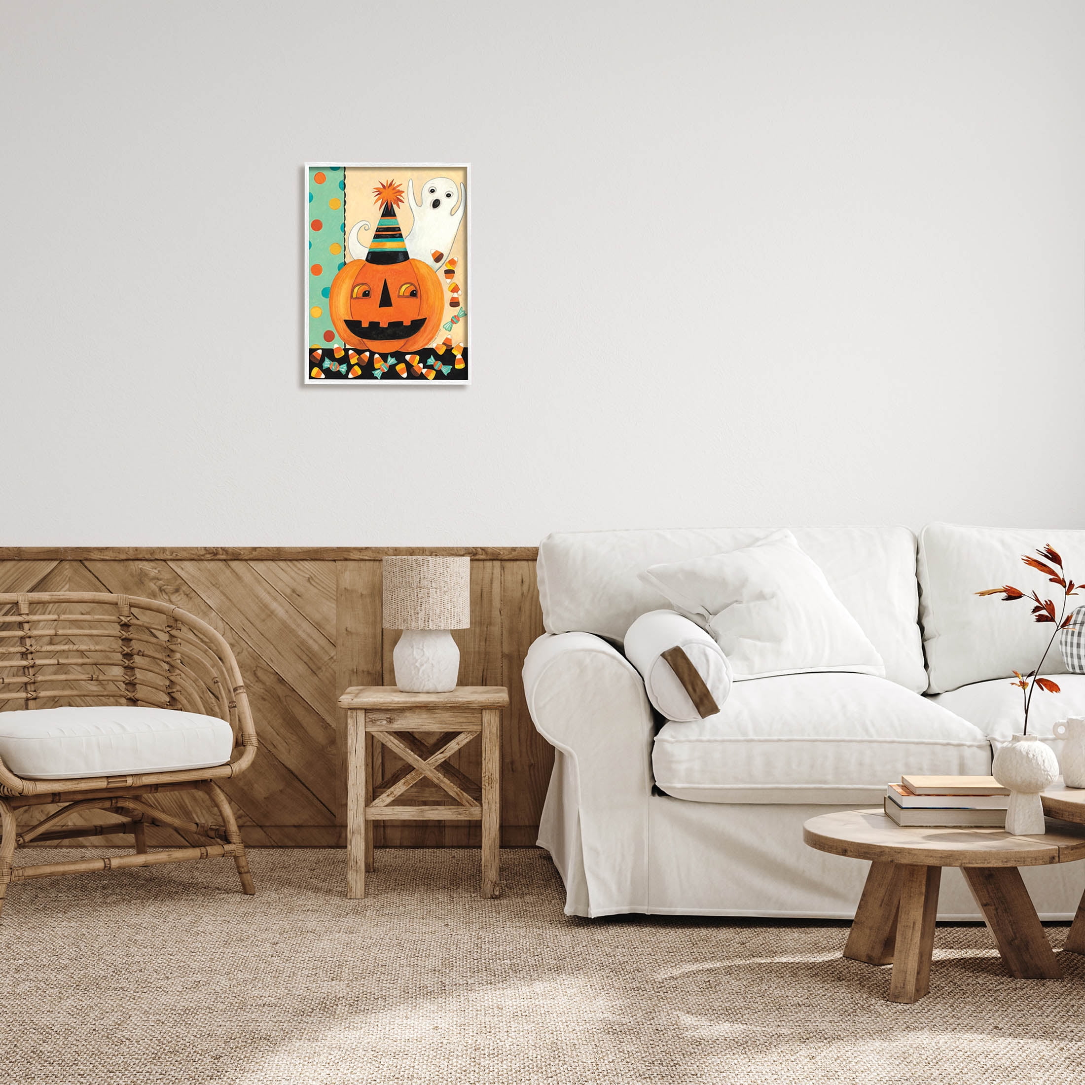 Vintage Halloween Candy Pattern Holiday Graphic Art White Framed Art Print Wall Art