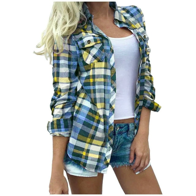 Enjoytime Womens Button Down Shirts Long Sleeve Plaid Shackets Business Work Casual Blouse Tops
