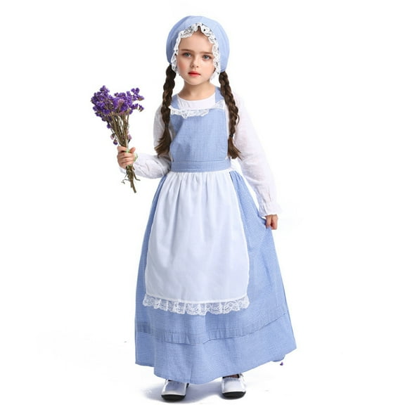 TOOYOU Girls Outfits Children Drama Stage Performance Dress Pastoral Style Farm Clothes Flower Shop Dresses For Girls Sweet Girl'S Clothing Set Blue Size 10-12 Years