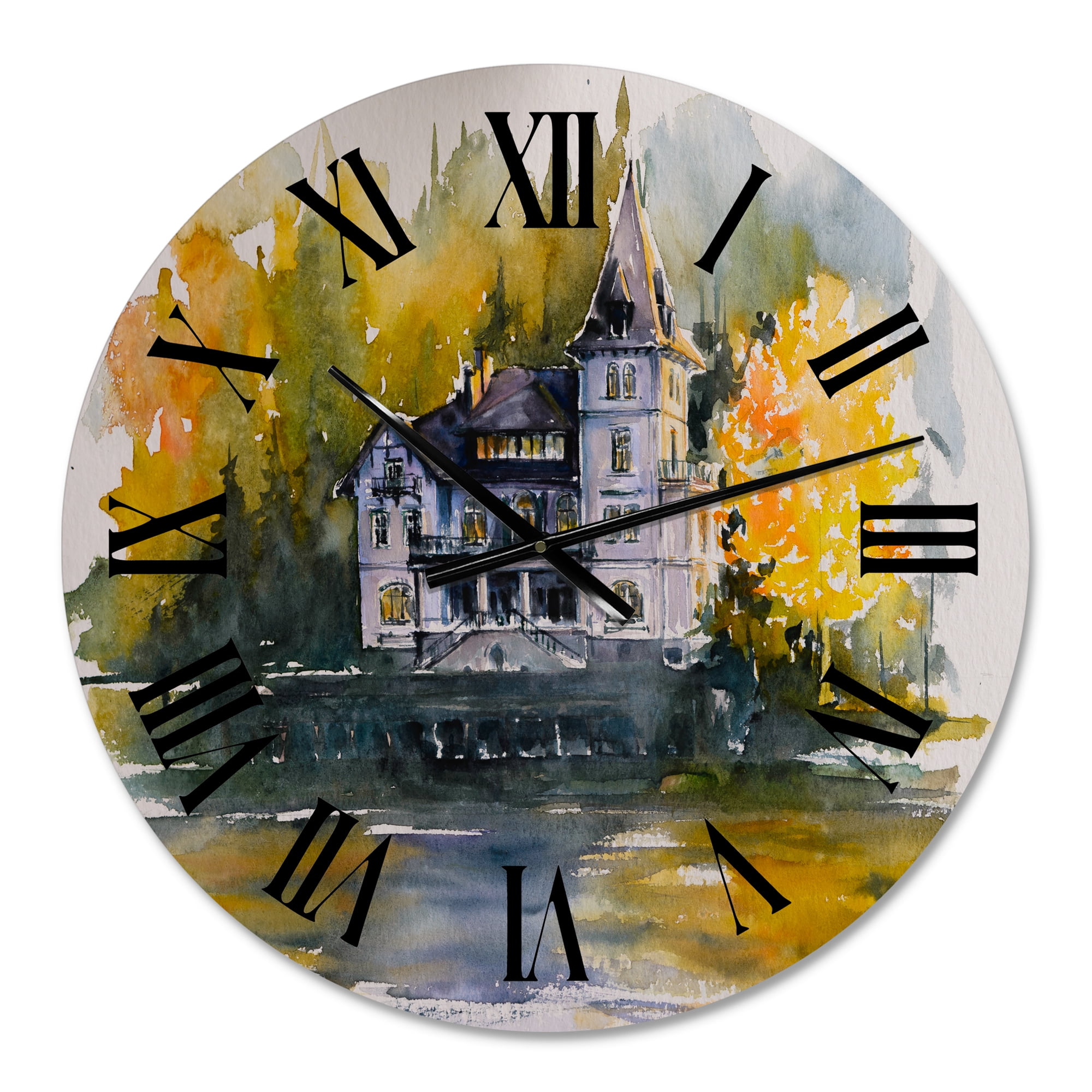 Designart 'Castle By The Lake With Autumn Trees' Lake House Wall Clock