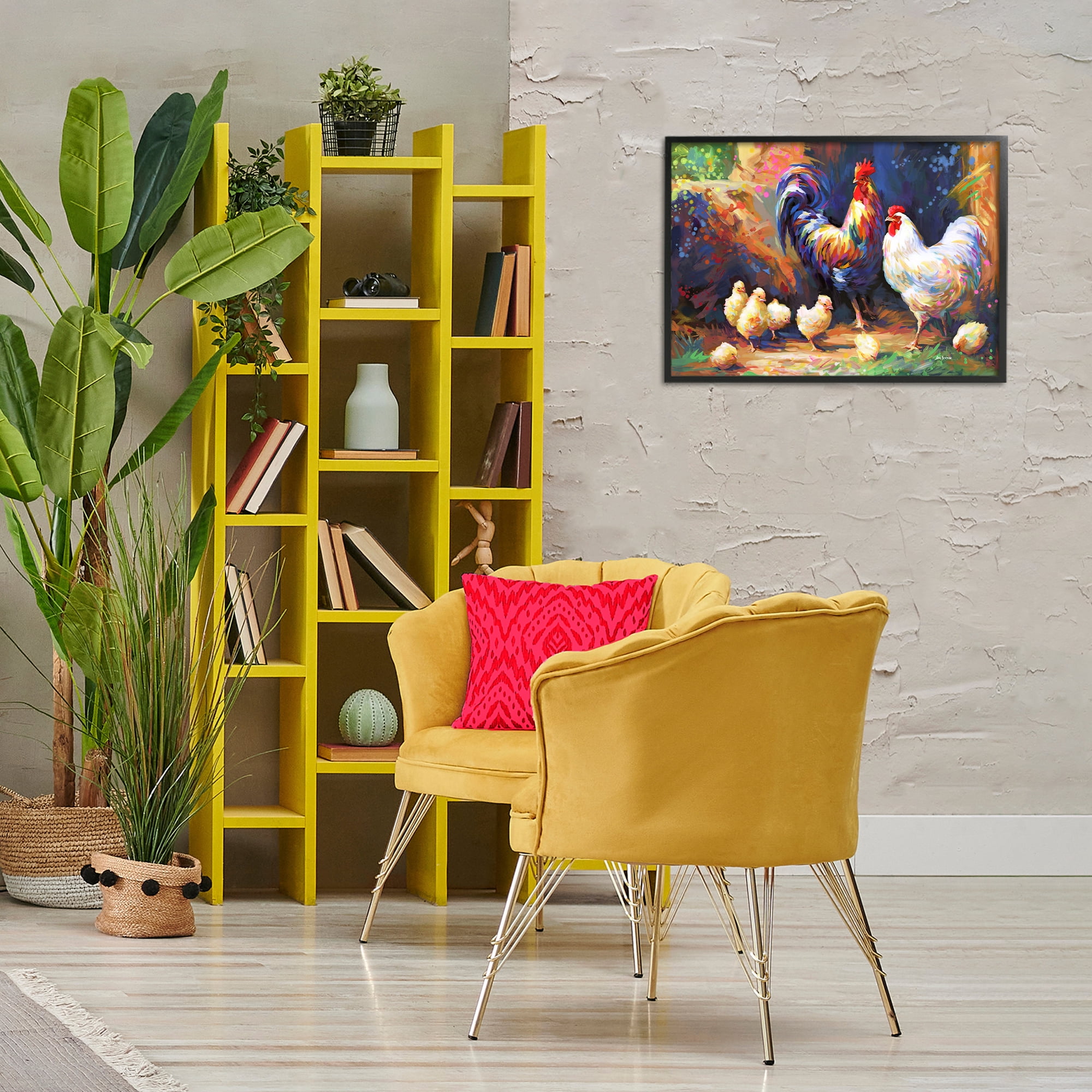Stupell Industries Chicken Family Paint Splatter Animals & Insects Painting Black Framed Art Print Wall Art, 24 x 16