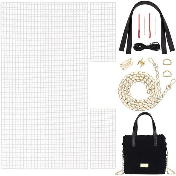 DIY Woven bag Making Kits including Plastic Mesh Canvas Sheets bag Strap Needles Thread Clasps Black 1.5~24.5x0.2~40x0.1~1.45cm