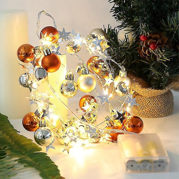Guirnalda de luces navideñas, cadena de 6,56 pies con pilas y esferas amarillas, 20 Led para decoración navideña, puerta de chimenea