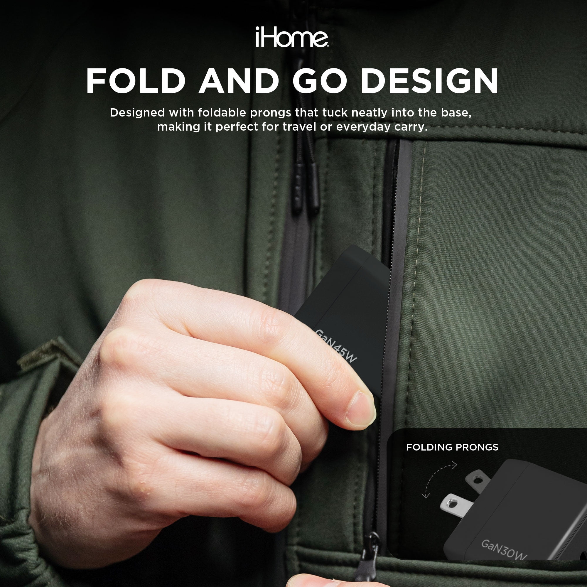 iHome 45W GaN Charger, Dual USB-C Ports, Power Delivery, Fast Charging, Foldable Plug