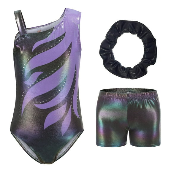 Leotards for Girls Long Sleeve Gymnastics Embroidery Glitter Tumbling Dance Shorts Bottoms with Shorts & Scrunchie Set,9-10Year