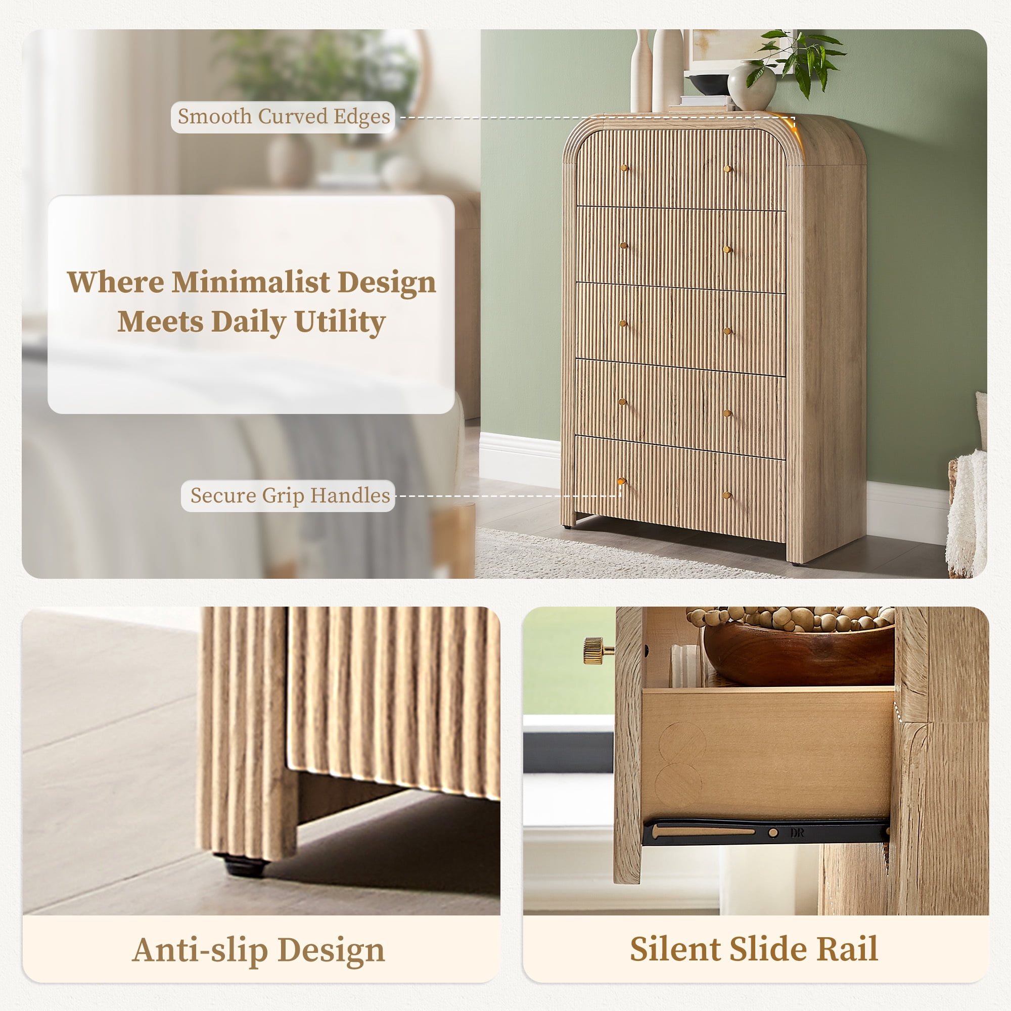 KeyWhat Modern 5-Drawer Dresser, 48" Fluted Tall Chest of Drawers with Curved Profile and Metal Handles, Wood Storage Cabinet for Bedroom, Living Room and Hallway, Natural Oak