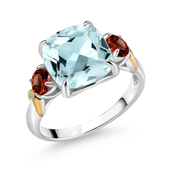 Gem Stone King 925 Silver and 10K Yellow Gold Sky Blue Simulated Aquamarine and Red Garnet 3 Stone Ring for Women (4.54 Cttw, Gemstone Birthstone, Cushion 10MM, Round 4MM, Size 6)