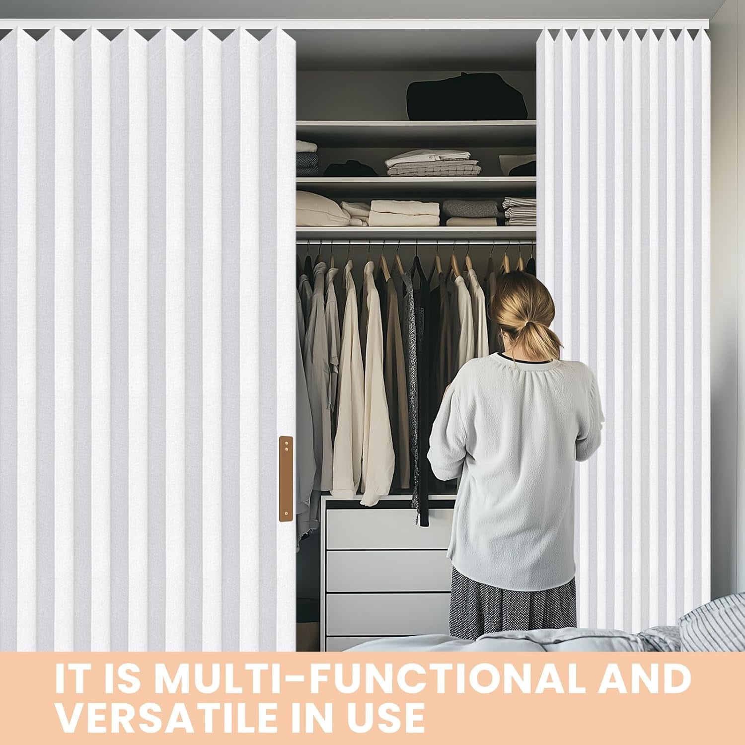 Hanging Accordion Room Divider with Track System - Ceiling-Mounted Partition Curtain, Simple Installation(White 100" W x 108" L-Pack of 1)