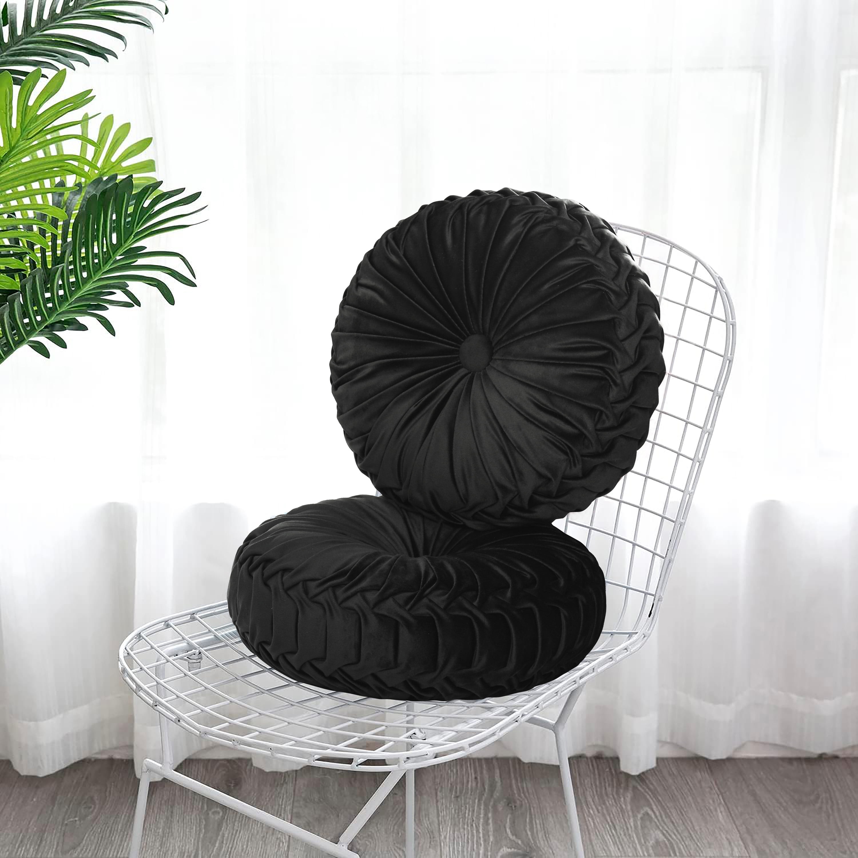 HIG Set of 2 Pumpkin Pleated Round Throw Pillows, Soft Velvet, Black, 14.5" Diameter