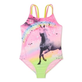 Wonder Nation Girls Unicorn One-Piece Swimsuit with UPF 50+, Sizes 4-18 & Plus