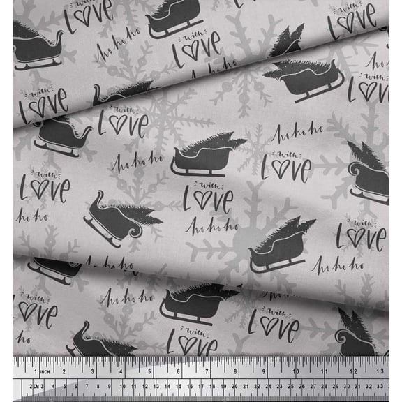 Soimoi Japan Crepe Satin Fabric Sleigh & with Love Text Print Sewing Fabric Yard 42 Inch Wide