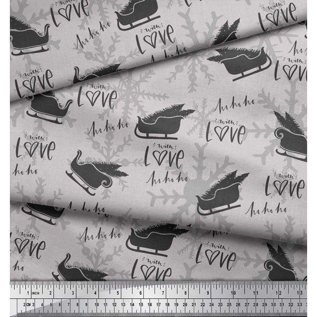 Soimoi Japan Crepe Satin Fabric Sleigh & with Love Text Print Sewing Fabric Yard 42 Inch Wide