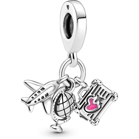 Airplane, Globe & Suitcase Triple Dangle Charm Bracelet Charm Moments Bracelets - Stunning Women's Jewelry - Gift for Women - Made with Sterling Silver & Enamel, No Gift Box