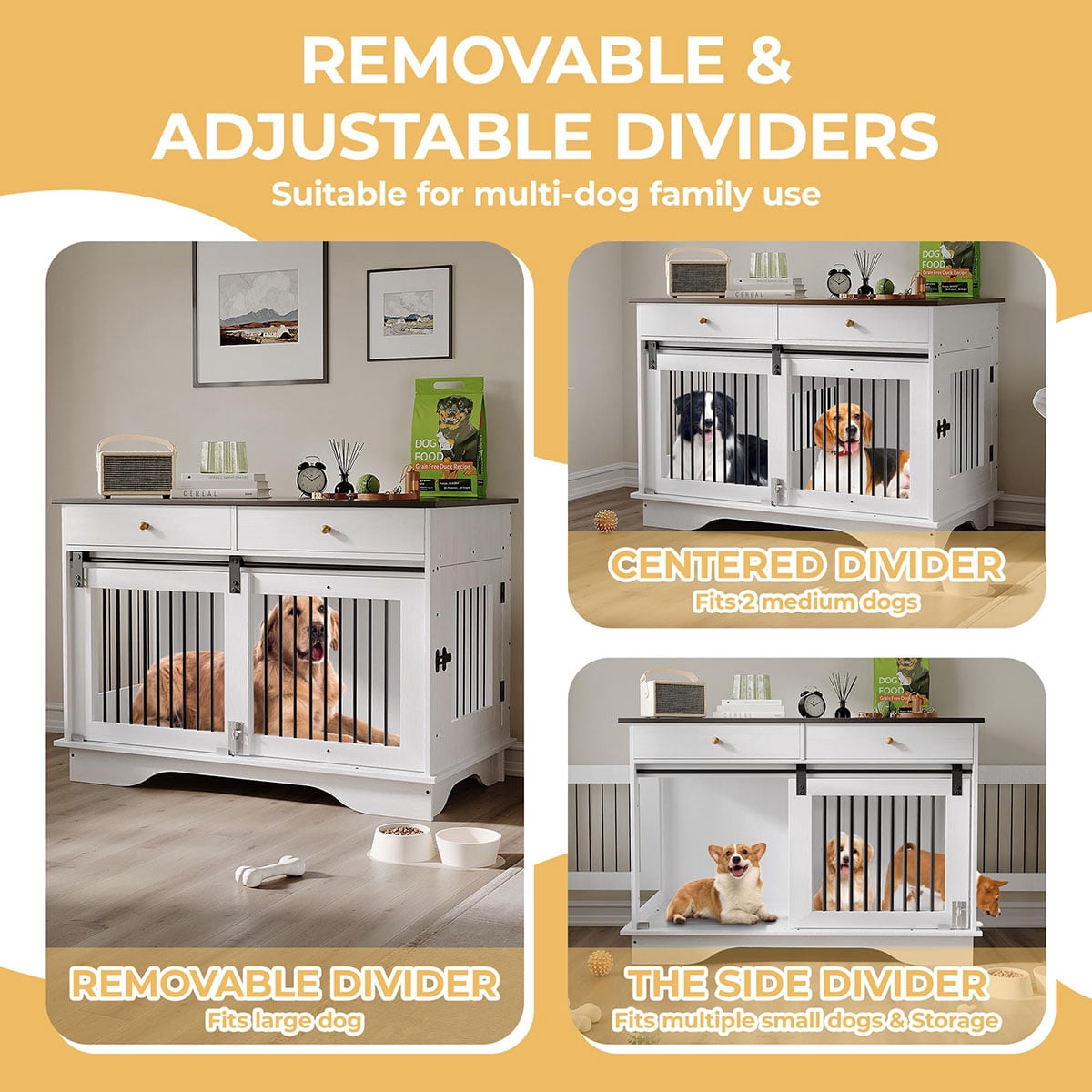 Ataucjin 47" Dog Crate Furniture with Storage Drawers & Removable Divider，Stylish Kennel for Large, Medium & Small Dogs