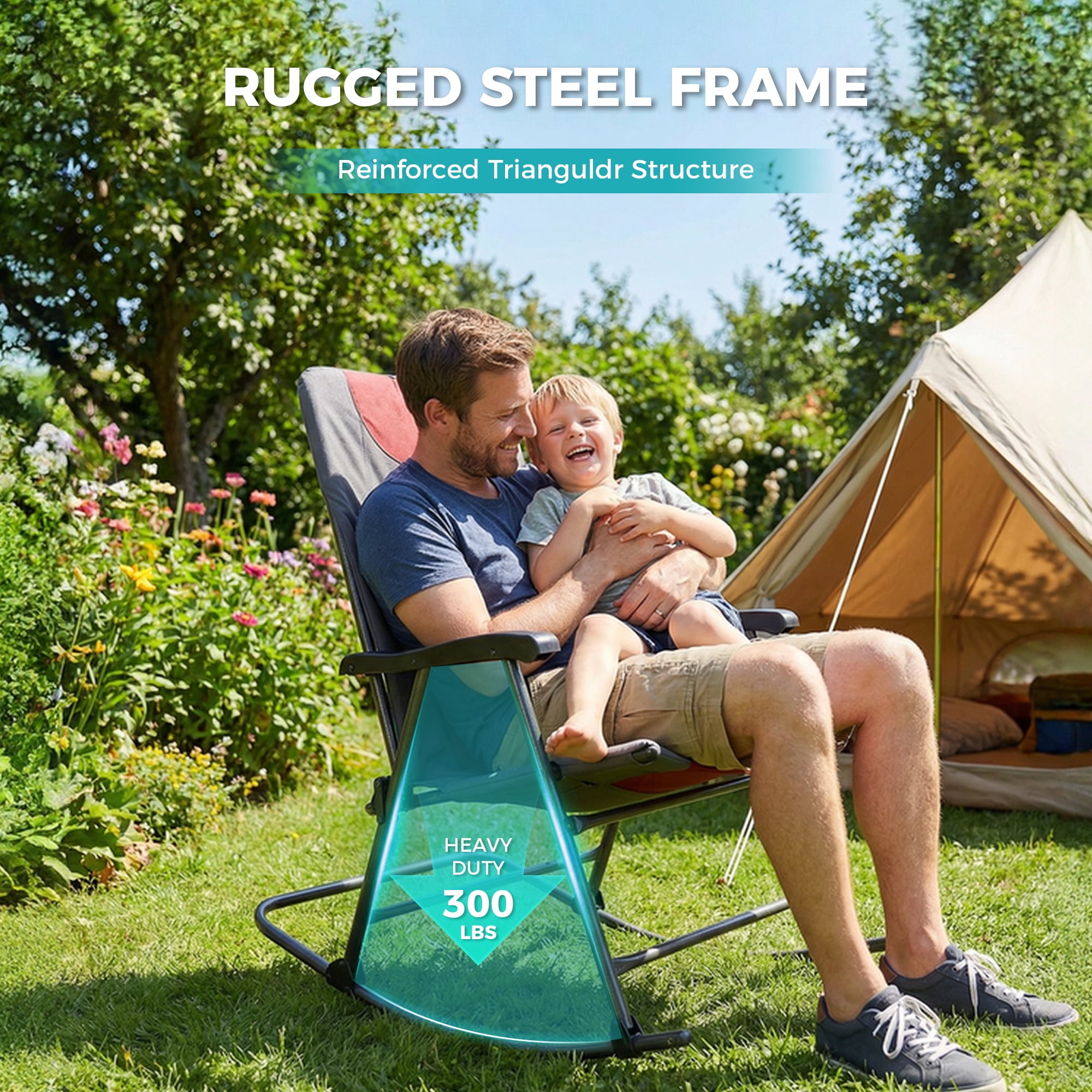 Oversized Folding Rocking Camping Chair, High Back Airmesh Rocker with Hard Armrests, Storage Pockets & Carry Bag for Camping Patio Lawn Outdoor Use
