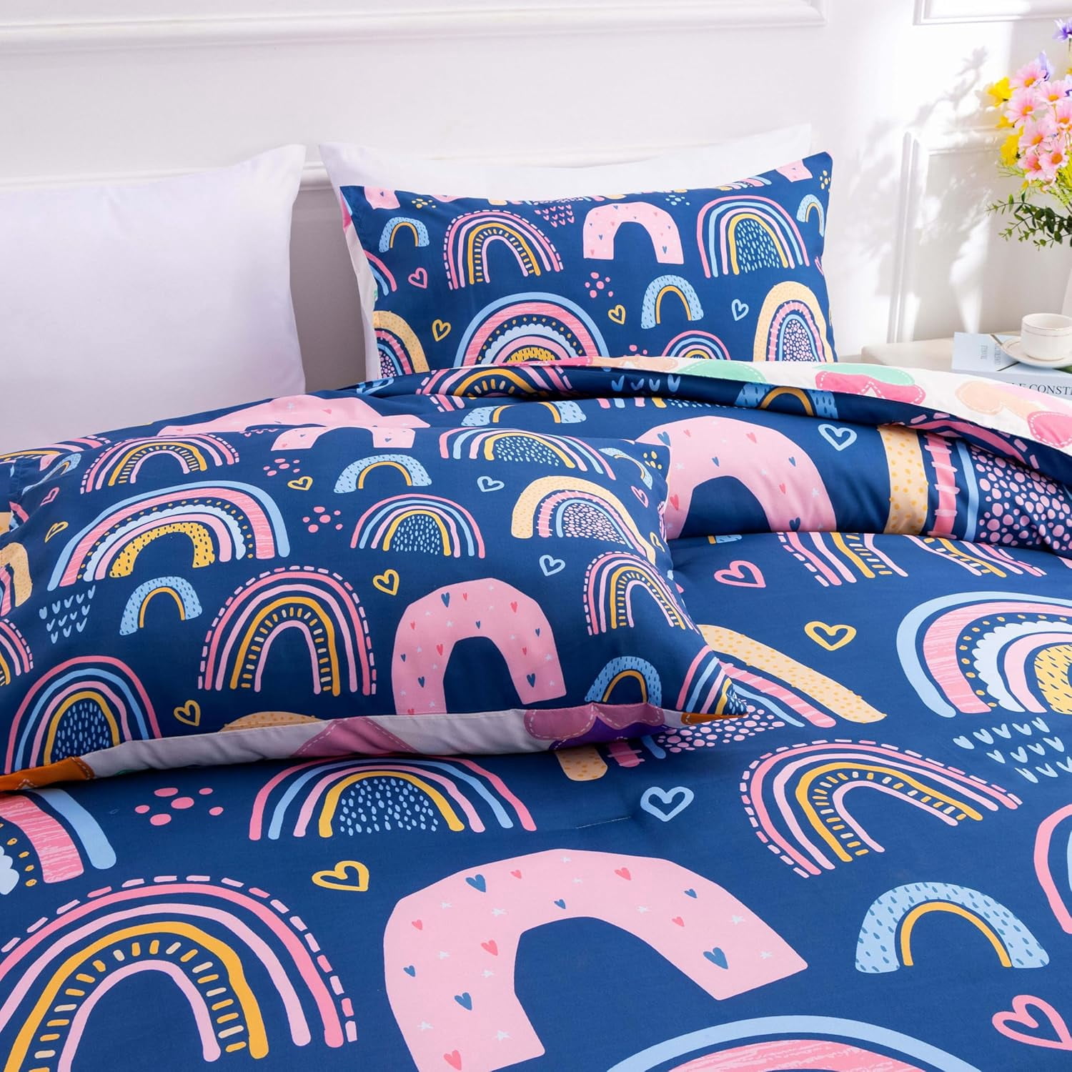 3 Piece Rainbow Comforter Set Cartoon Love Hearts Suns and Stars Bedding Set for Girls Boys Kids, Queen Dark Blue
