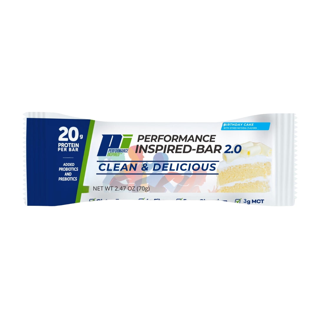 Performance Inspired Nutrition - Protein Bar 2.0 – 20G Protein - 6G Fiber - 3G MCTs - 1 Billion CFU Probiotics – 1G Prebiotics - G Free – 70G Bar - Birthday Cake - 12 Ct. Box