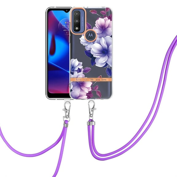 Crossbody Phone Case Fit Motorola Moto G-Power 2022, Floral Series Slim Silicone TPU Case Girls Women with Shoulder Strap Adjustable Necklace Lanyard Cord Cover, Purple Begonia