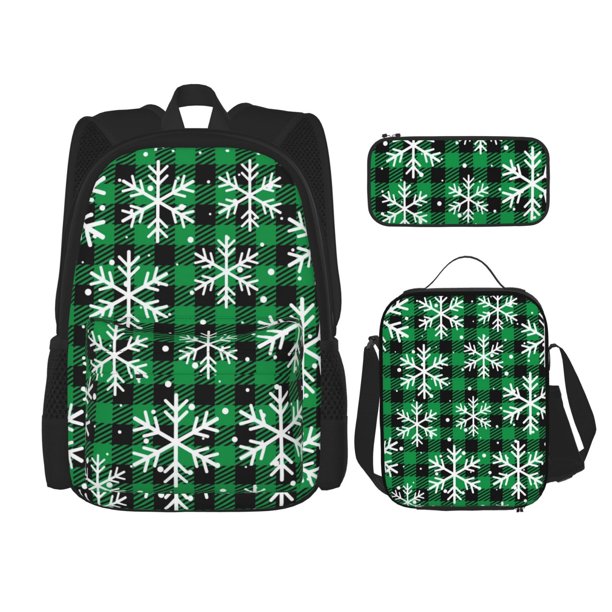 Easygdp Christmas Pattern At Buffalo Plaid Mochila para Niños y Niñas con Set de Caja de Almuerzo y Estuche para Lápices 3 en 1, Mochila Escolar Estampada para Adolescentes