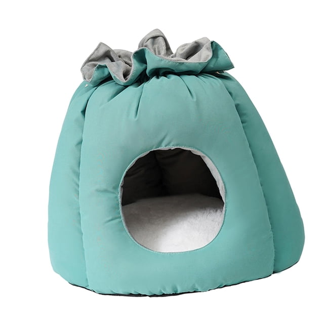 Cama de felpa para gatos con cordón ajustable, nido lavable, cómoda y cálida para dormir. Verde