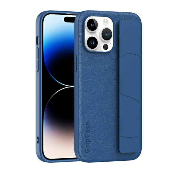 ELEHOLD for iPhone 14 Pro Case, Hybrid TPU Bumper PC Back with Leather Texture Shockproof Rugged Case with Wristlet Band for iPhone 14 Pro,Navy Blue