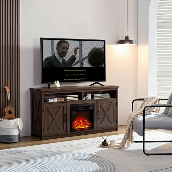 TV Stand with Fireplace, 18" Insert Electric Fireplace TV Stand with Remote Control, Open Shelving & Enclosed Cabinets, Fits up to 65-inch TV, Espresso