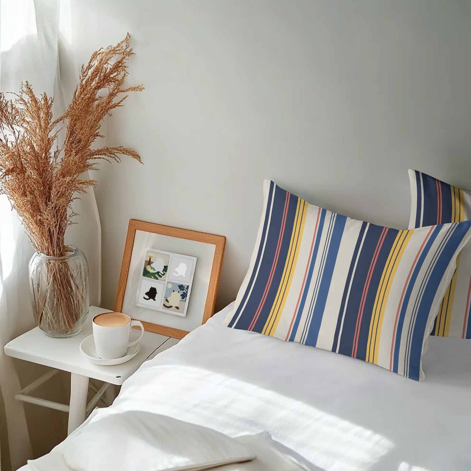 Vintage Stripes Outdoor Pillow Covers Set of 2 Navy Yellow Blue Striped Retro Line Waterproof Throw Pillow Case Decorative Square Cushion Cover for Patio Couch Garden Balcony, 20"x12"