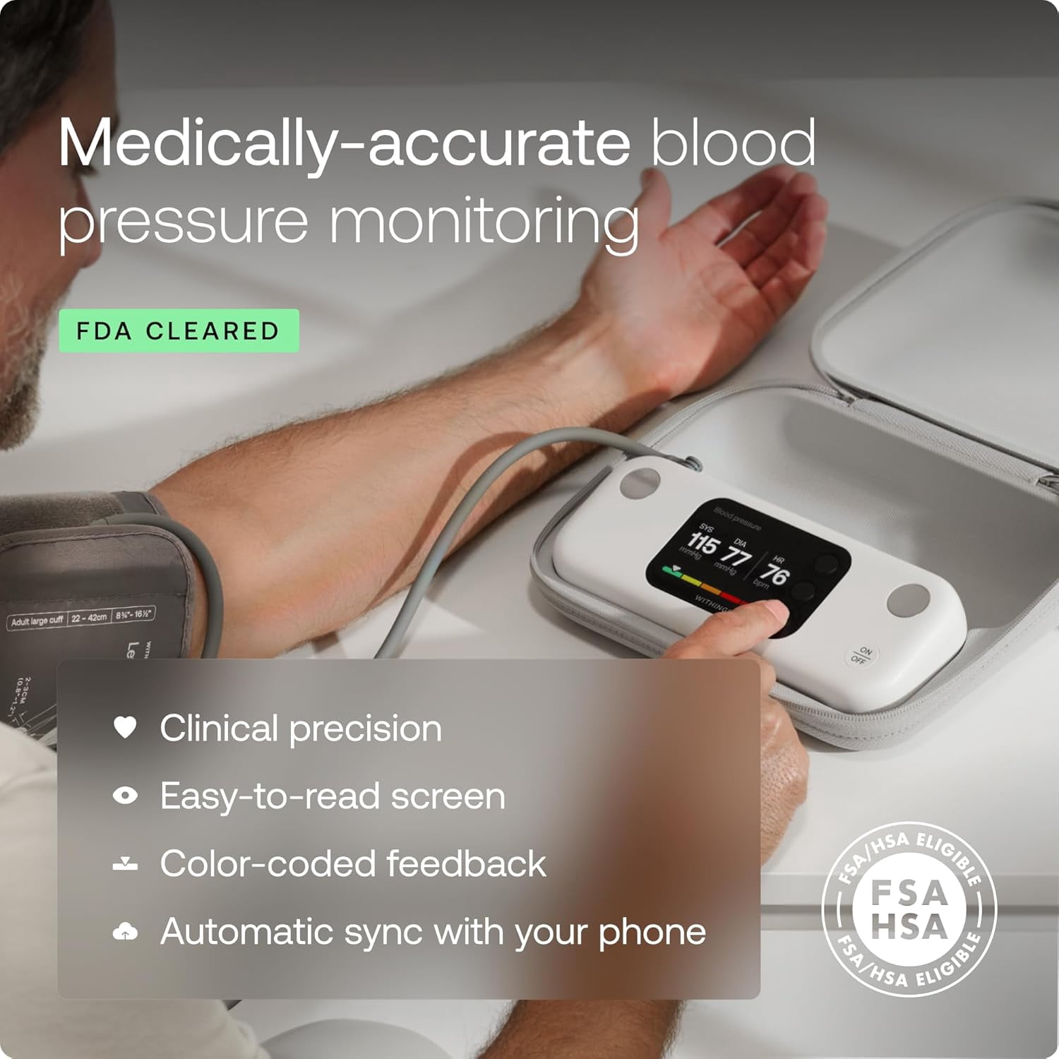 WITHINGS BPM Vision – Smart Arm Blood Pressure Monitor | FDA-Cleared | Easy-to-use, Accurate Systolic & Diastolic Measurements, Wide Range Cuff | Wi-Fi & Bluetooth | iOS & Android | FSA/HSA