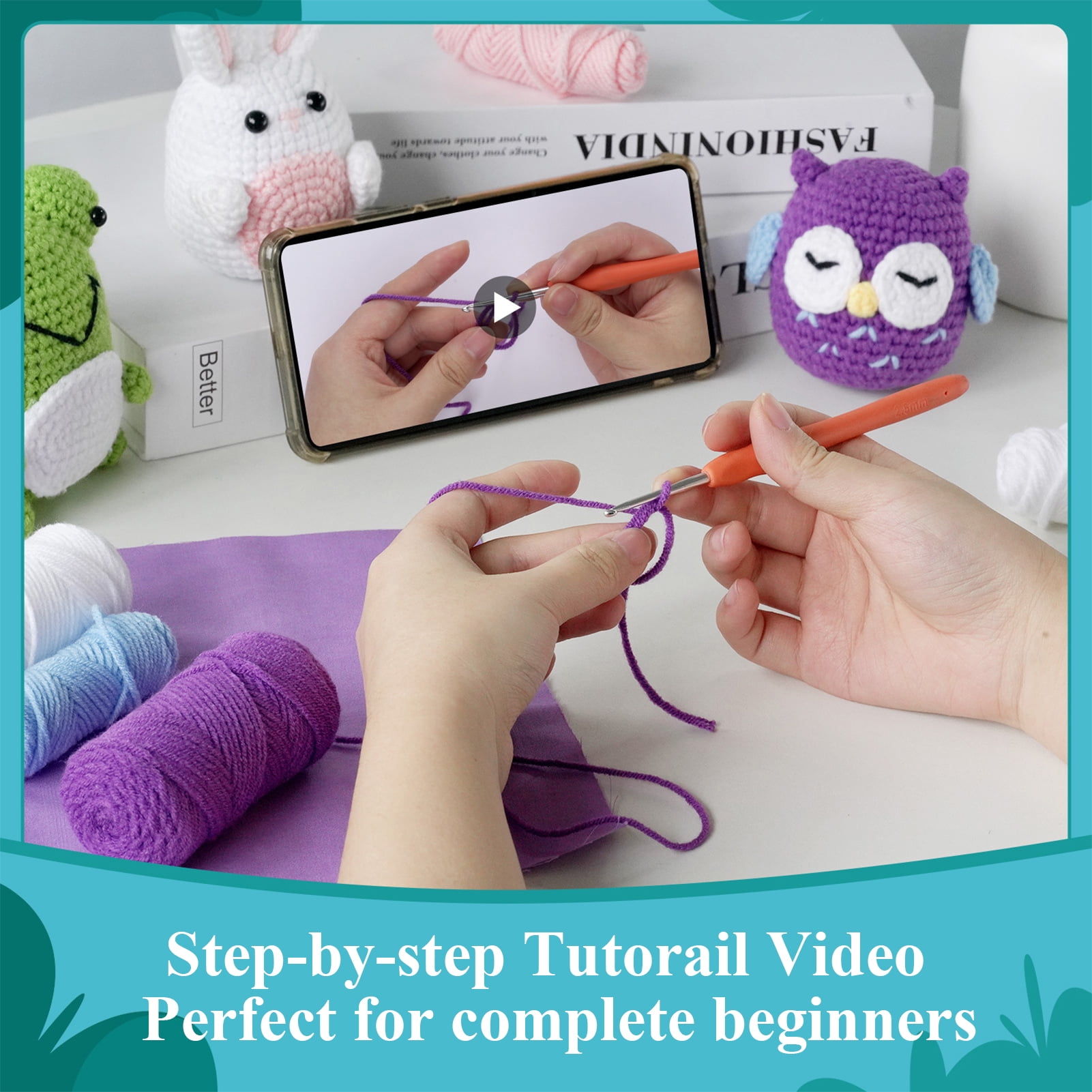 Yalumo Crochet Kit for Beginners, Crochet Starter Animal Kits for Adult and Kids with Step-by-Step Video Tutorials and Yarns, Hook, Accessories