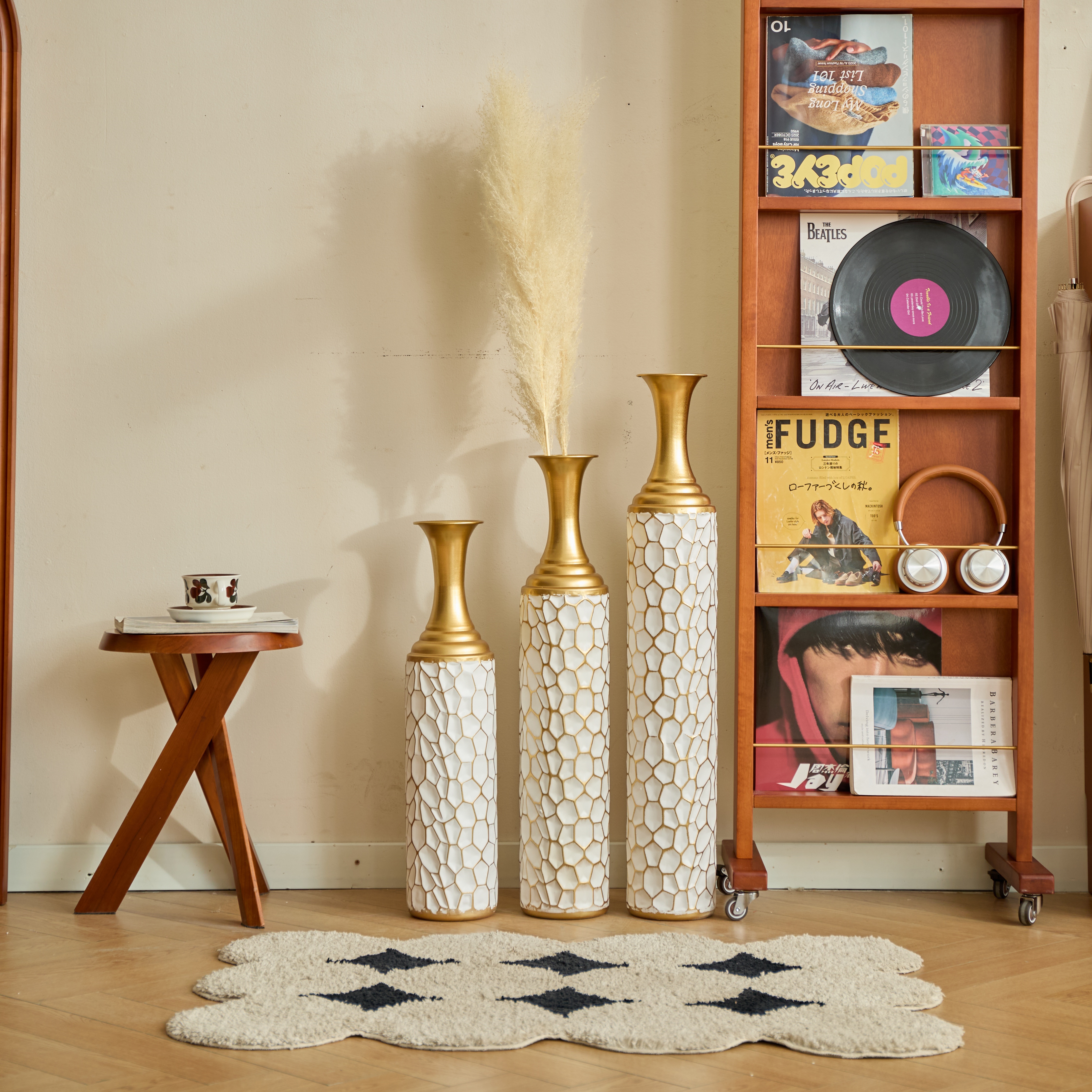 Aukfa Metal Decorative Tall Floor Vase,Set of 3 Large glazed Vases,24.41"/ 29.92"/33.46" H,Gold