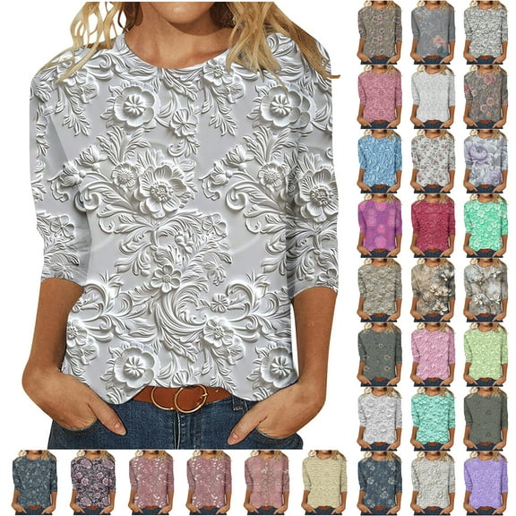 JTZGDY 3D Embroidered Floral Shirts for Women Cute Summer 3/4 Sleeve Crewneck Graphic Tunic T-Shirts Loose Fit Dressy Casual Pullover Tops Multicolor#01 XXL