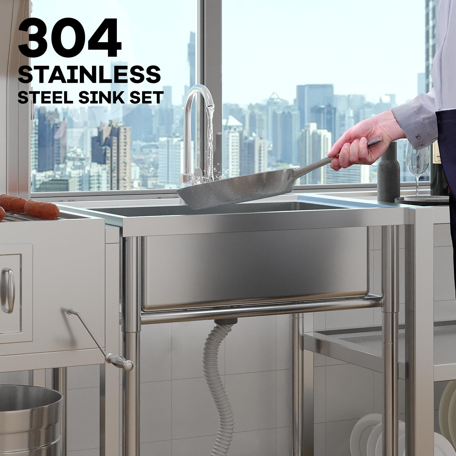 Utility Sink, Freestanding Single Bowl Laundry Sink with Hot and Cold Water, Stainless Steel Sink with Storage Shelf for Kitchen and Bathroom