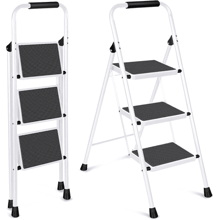 3 Step Ladder  VQJTCVLY Folding Step Stool with Wide Anti-Slip Pedal  330lbs Sturdy Steel Ladder  Convenient Handgrip  Lightweight  Portable Steel Step Stool