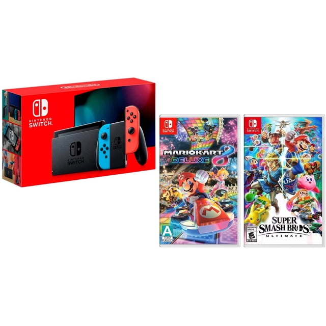 Consola de Nintendo Switch Neon 32GB Version 1.1 Standard Edition (Importado) + juegos físicos de Mario Kart 8 Deluxe y Super Smash Bros Ultimate Standard Edition