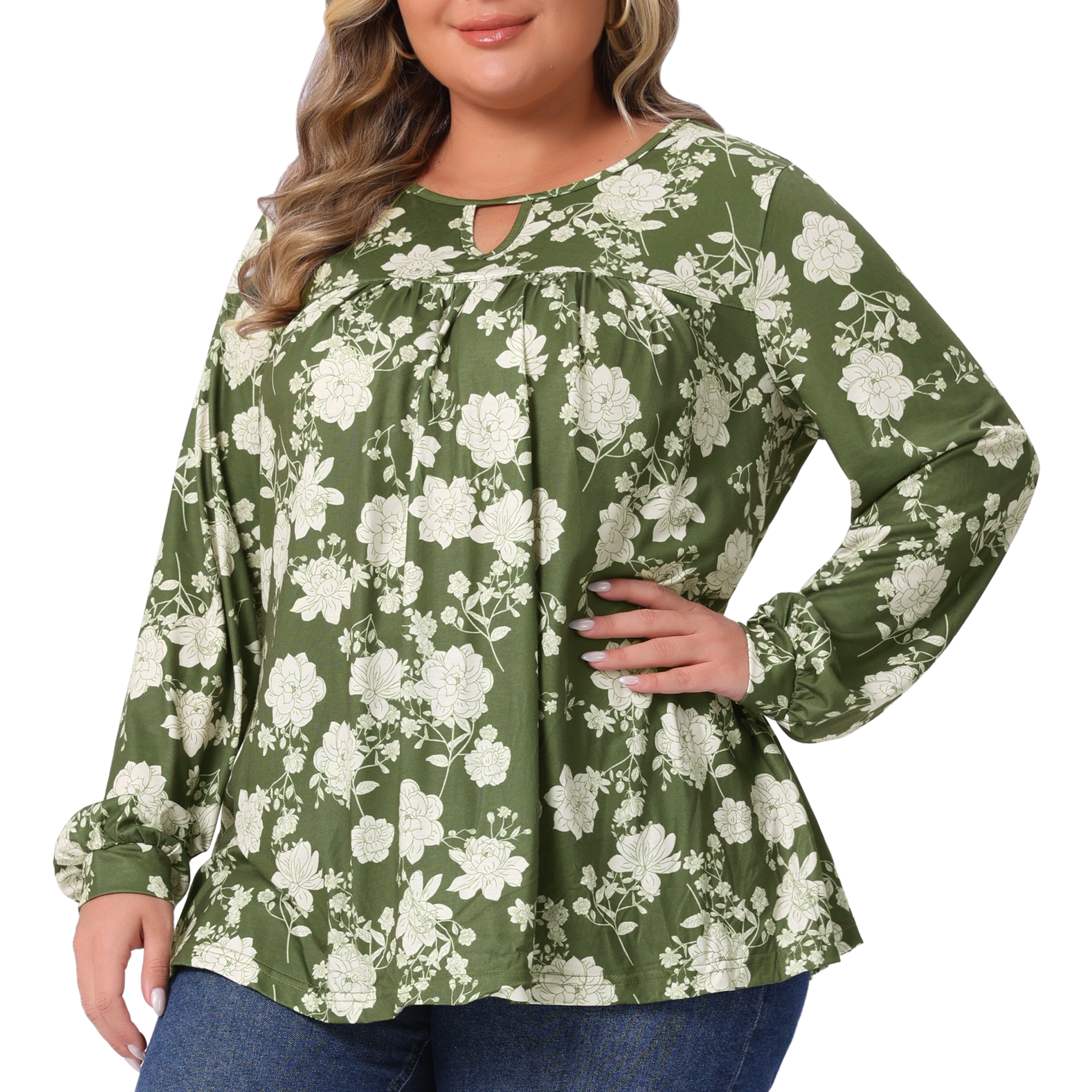 DARING DIVA Women's Plus V Neck Keyhole Pleated Floral Blouse 4X Army Green