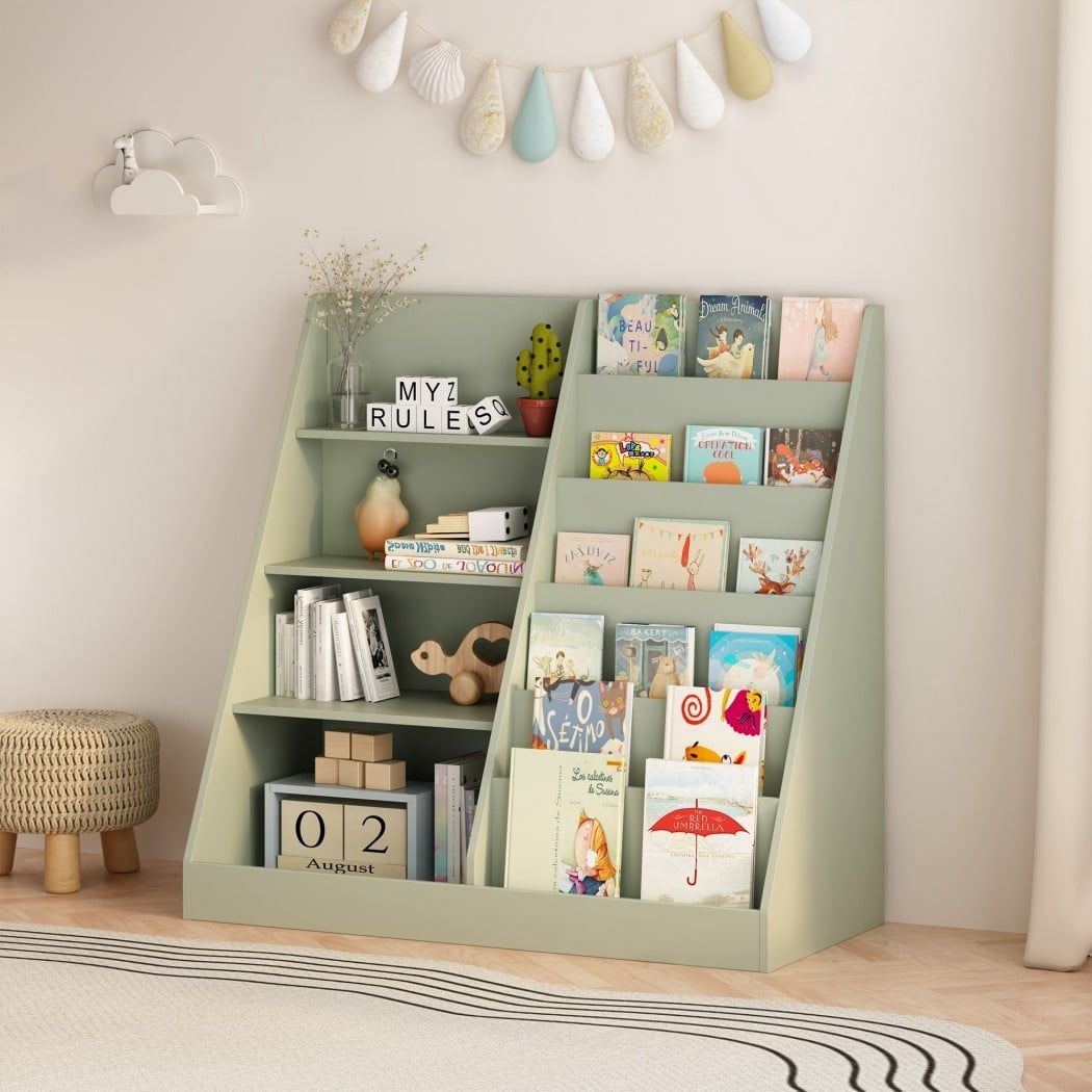 Kids Bookshelf and Toy Storage Organizer, Wooden Kids Bookcase with Multi-Level Shelves & Toy Storage, Children's Book Display Stand for Playroom, Nursery & Kids Room, Sage