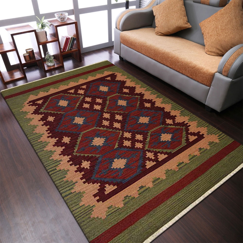 Jute Wool Kilim Area 4'x6'  Floral Hand woven Rug Floor Mat Dhurrie Bedroom rugs 