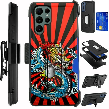 Compatible with Samsung Galaxy S22 Ultra 6.8" Hybrid Card Holster Phone Case Cover (Blue Dragon)