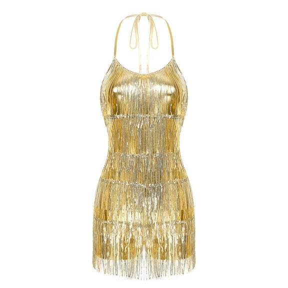 Womens Ballroom Dance Competition Costume Glittery Sequined Fringe Lace-up Leotard Bodysuit Cha-cha Samba Latin Dancewear