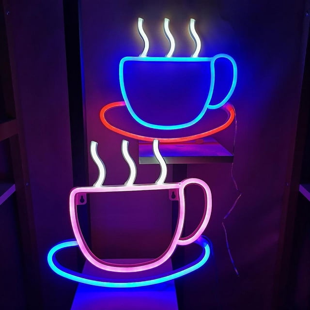 BELOVING LED Coffee Cup Neon Light Welcome LED Night Light Opening Restaurant Kitchen white Pink Blue
