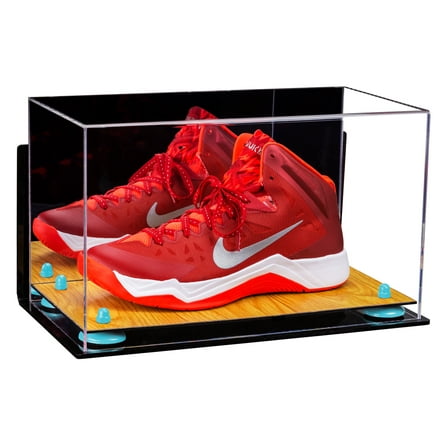 Deluxe Acrylic Large Shoe Display Case for Basketball Shoe Soccer Cleat Football Cleat with Mirror, Wall Mount, Blue Risers and Wood Base (A013-BLR)