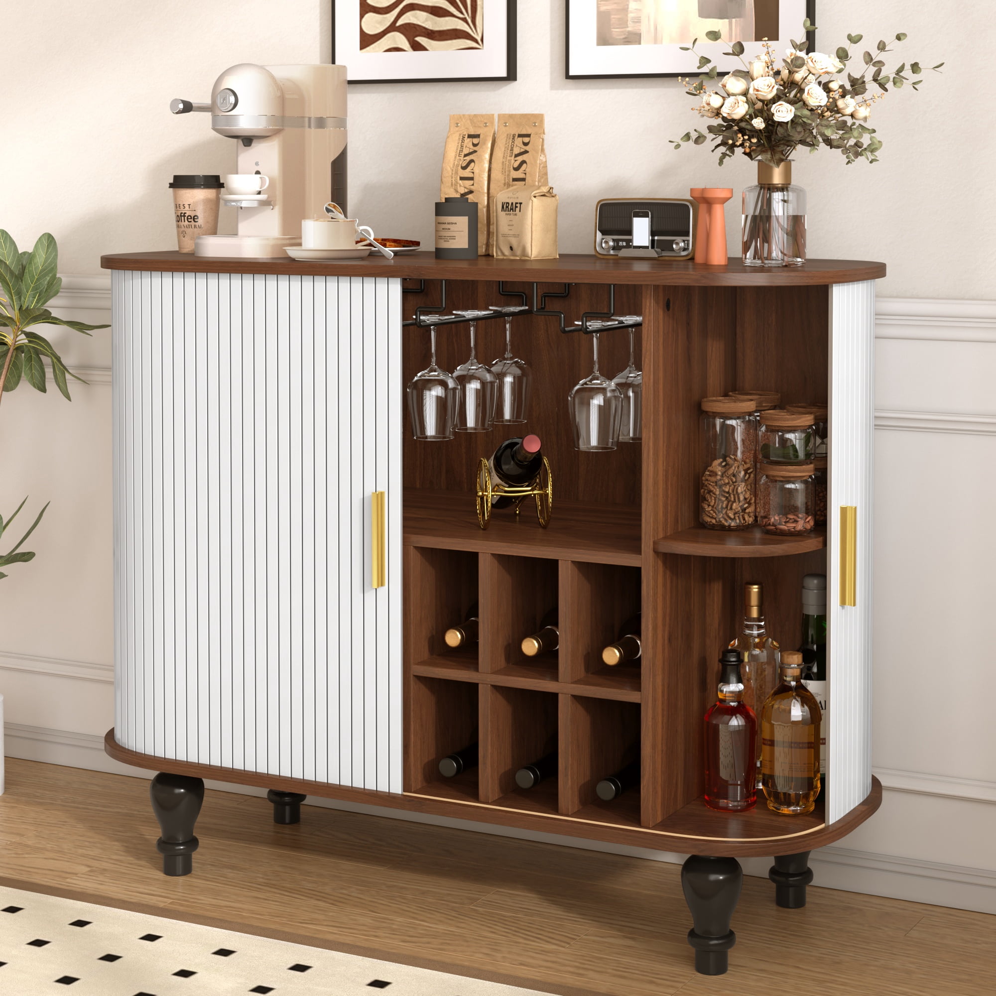 avobird 39" Fluted Liquor & Coffee Bar Cabinet with 6 Wine Racks and 3 Glass Holders, Mid-Century Modern Bar Cabinet with A Large Storage Drawer ,4 Hidden Storage Space on the Side , White